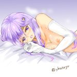  1girl blush breasts circlet elbow_gloves fire_emblem fire_emblem:_genealogy_of_the_holy_war gloves julia_(fire_emblem) long_hair lying nipples nude on_bed on_side open_mouth purple_eyes purple_hair solo white_gloves yukia_(firstaid0) 