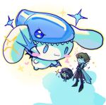  ...? 1boy animal black_eyes black_hair black_pants black_shirt blue-eyes_white_dragon blue-eyes_white_dragon_(cosplay) blue_eyes blush_stickers brown_hair chibi cinnamoroll coat cosplay crossed_arms highres iecrmsp jewelry kaiba_mokuba kaiba_seto male_focus medium_hair necklace oversized_animal pants sanrio shadow shirt simple_background sparkling_eyes upper_body white_background white_coat yu-gi-oh! yu-gi-oh!_duel_monsters 