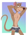 2024 anthro anti_dev armpit_hair basil_(disney) blue_background body_hair border briefs briefs_only brown_body brown_fur brown_nose bulge clothed clothing countershading detailed_bulge digital_media_(artwork) disney fur genital_outline gradient_background grey_briefs grey_clothing grey_underwear half-closed_eyes hands_behind_head hi_res looking_at_viewer male mammal mouse murid murine narrowed_eyes naughty_face nipples penis_outline pink_inner_ear portrait rodent simple_background smile solo the_great_mouse_detective three-quarter_portrait topless topless_anthro topless_male underwear underwear_only white_border