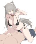  1boy 1girl :d absurdres animal_ear_fluff animal_ears arm_support arm_up armpits bikini black_bikini black_ribbon breasts brown_hair character_request cleavage collar collarbone cowgirl_position eyebrows_visible_through_hair fang ff_frbb122 girls&#039;_frontline groin hand_in_own_hair hand_on_another&#039;s_chest hetero highres kneeling large_breasts long_hair looking_down male_swimwear navel open_mouth ribbon side-tie_bikini simple_background sketch smile straddling swim_trunks swimsuit tail v-shaped_eyebrows white_background yellow_eyes 