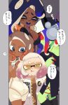  4girls agent_8_(splatoon) ass baseball_cap black_bra bra breasts cleavage colored_skin cramped dark-skinned_female dark_skin dedf1sh green_skin hat highres kiirono large_breasts marina_(splatoon) multiple_girls octoling_girl octoling_player_character pearl_(splatoon) splatoon_(series) splatoon_3 splatoon_3:_side_order sunglasses sweatdrop tentacle_hair underwear 