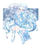  1girl :d animal_hug blue_eyes blue_hair blue_scarf boots commentary_request dress fangs frilled_dress frilled_sleeves frills full_body hugging_another&#039;s_leg inkling inkling_girl inkling_player_character jellyfish jellyfish_(splatoon) long_hair one_eye_closed open_mouth pointy_ears scarf smile splatoon_(series) teeth tentacle_hair twintails upper_teeth_only very_long_hair white_background white_dress white_footwear zzz30m 