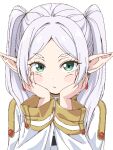  1girl earrings frieren green_eyes hands_on_own_face jewelry pointy_ears sousou_no_frieren teabeam thick_eyebrows twintails upper_body white_background white_hair 