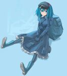  1girl absurdres aesur_a backpack bag blue_background blue_eyes blue_footwear blue_hair blue_headwear blue_skirt blue_theme boots closed_mouth frilled_skirt frills hair_bobbles hair_ornament highres kawashiro_nitori key long_sleeves looking_at_viewer pocket rubber_boots short_hair simple_background skirt smile solo touhou two_side_up 