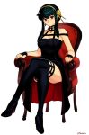  1girl bare_shoulders boots breasts cleavage collarbone crossed_legs dress fingerless_gloves gloves gold_hairband hairband high_heels highres large_breasts long_hair red_eyes red_nails sitting smgold solo spy_x_family strapless strapless_dress thigh_boots yor_briar 