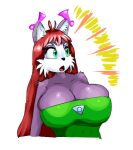  anthro big_breasts breasts brooch cactuscacti clothing domestic_cat felid feline felis female green_clothing green_eyes hair mammal minda open_mouth red_hair simple_background solo solo_focus 