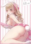  1girl absurdres animal_ears ass blush breasts brown_eyes cowboy_shot eyebrows_visible_through_hair feet_out_of_frame highres holding holding_tray kinako_(shiratama_mochi) light_brown_hair looking_at_viewer medium_breasts open_mouth original rabbit_ears rabbit_girl rabbit_tail sideboob solo striped striped_background tail tray two_side_up wavy_hair wrist_cuffs 