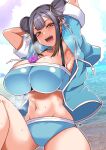  1girl :d aoi_manabu armpits ass_visible_through_thighs bandeau between_breasts bikini black_hair blue_bikini blue_jacket breasts brown_eyes cleavage condom condom_wrapper cover cover_page double_bun hair_bun hair_ribbon jacket large_breasts looking_at_viewer navel nue_no_onmyouji ocean open_clothes open_jacket open_mouth ribbon sharp_teeth short_sleeves sidelocks sky smile solo sweat swimsuit teeth textless_version tsujita_(nue_no_onmyouji) water white_ribbon 