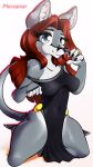 anthro big_eyes canid canine canis claws clothing dress female fluffy fur grey_body grey_eyes grey_fur hair hi_res kneeling long_hair mammal markings plecopsar red_hair renita ring shaded simple_background smile solo wide_hips wolf