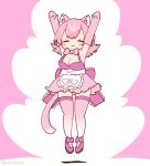  1girl animal_ears apron arms_up bow bowtie closed_eyes coroha dress elbow_gloves extra_ears full_body gloves japari_symbol jumping kemono_friends kemono_friends_3 panther_ears panther_girl panther_tail peach_panther_(kemono_friends) pink_background pink_hair ribbon shoes short_hair simple_background skirt sleeveless sleeveless_dress solo tail thighhighs 