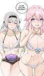  2girls :d ^_^ absurdres bare_shoulders bikini black_hairband blue_eyes blush breasts cake cleavage closed_eyes commentary cowboy_shot criss-cross_halter firefly_(honkai:_star_rail) food grey_hair hairband halterneck hand_up highres holding holding_tray honkai:_star_rail honkai_(series) kagurachi long_hair march_7th_(honkai:_star_rail) medium_breasts multiple_girls navel off_shoulder open_mouth pink_hair purple_eyes shirt simple_background smile speech_bubble standing stomach swimsuit thighs tied_shirt tray two-tone_eyes white_background white_bikini white_shirt 