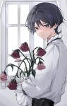  1boy alternate_costume black_hair black_pants closed_mouth curtains flower from_side genshin_impact hair_between_eyes highres holding long_sleeves looking_at_viewer male_focus mnce_o multicolored_hair pants purple_eyes purple_hair red_flower red_rose rose scaramouche_(genshin_impact) shirt solo vase white_shirt window 