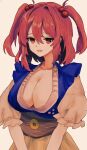  1girl absurdres breasts cleavage coin commentary_request hair_bobbles hair_ornament highres irumina777 large_breasts looking_at_viewer onozuka_komachi open_mouth red_eyes red_hair sash short_sleeves simple_background solo touhou two_side_up upper_body 