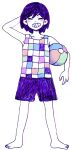  1boy arm_behind_head ball bare_arms barefoot beachball blush checkered_clothes checkered_shirt closed_eyes collarbone colored_skin full_body grin hair_behind_ear hair_between_eyes kel_(headspace)_(omori) kel_(omori) official_art omocat omori purple_hair purple_shorts shirt short_hair shorts sleeveless smile solo standing tank_top transparent_background v-shaped_eyebrows white_skin 