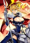  1girl artoria_pendragon_(fate) artoria_pendragon_(lancer)_(fate) breasts cleavage covered_navel highres large_breasts looking_at_viewer non-web_source smile solo thighhighs 