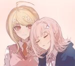  2girls ahoge akamatsu_kaede blonde_hair breasts closed_mouth collared_shirt danganronpa_(series) danganronpa_2:_goodbye_despair danganronpa_v3:_killing_harmony flipped_hair fu_ga_(vivi912912) hair_ornament highres hood hood_down jacket large_breasts long_hair long_sleeves looking_at_another medium_hair multiple_girls musical_note musical_note_hair_ornament nanami_chiaki open_clothes open_jacket open_mouth pink_eyes pink_sweater_vest shirt sleeping smile spaceship_hair_ornament sweater_vest yuri 