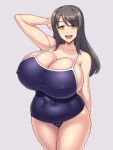  1girl :d arm_behind_back arm_up bare_arms black_hair blue_one-piece_swimsuit breasts cameltoe cleavage collarbone commentary_request covered_navel covered_nipples curvy grey_background hair_between_eyes hand_in_own_hair huge_breasts kawanuma_uotsuri large_breasts looking_at_viewer mature_female old_school_swimsuit one-piece_swimsuit original school_swimsuit sidelocks simple_background smile solo standing swimsuit yellow_eyes 