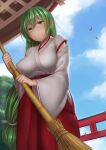  1girl :o alternate_costume bamboo_broom bird blue_sky blush breasts broom cloud day detached_sleeves green_eyes green_hair hair_between_eyes hakama hakama_skirt highres holding holding_broom japanese_clothes kimono large_breasts long_hair long_sleeves looking_at_viewer low-tied_long_hair miko outdoors paid_reward_available red_hakama ribbon-trimmed_sleeves ribbon_trim skirt sky solo standing torii very_long_hair wide_sleeves yui_hiroshi 