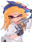  1girl :p black_shorts blue_bow blue_headband blunt_bangs blush bow closed_mouth commentary_request gloves headband highres holding holding_weapon inkling inkling_girl inkling_player_character l-3_nozzlenose_(splatoon) long_hair multicolored_clothes multicolored_gloves notice_lines one_eye_closed orange_hair pink_eyes pointy_ears salmon_100 salute shirt short_sleeves shorts smile solo splatoon_(series) star_(symbol) tentacle_hair tongue tongue_out weapon white_background white_shirt 