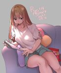  1girl agawa_ryou aqua_shorts artist_name bangs book breasts brown_eyes collarbone commentary couch cushion dated eating english_commentary feet_out_of_frame food grey_background hair_between_eyes holding holding_book light_brown_hair long_hair looking_at_viewer medium_breasts numbered original shirt short_sleeves shorts sidelocks simple_background sitting solo straight_hair tsurime v-shaped_eyebrows white_shirt 