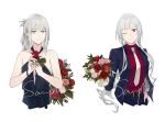  2girls ak-12_(girls&#039;_frontline) an-94_(girls&#039;_frontline) an-94_(silent_rouge)_(girls&#039;_frontline) aqua_eyes bangs bare_shoulders belt black_dress blue_jacket blue_pants bouquet breasts brown_belt closed_mouth collarbone dress eyebrows_visible_through_hair flower girls&#039;_frontline grey_hair hand_on_hip hei_chuan_gui holding holding_bouquet holding_flower jacket long_hair looking_at_viewer multiple_girls necktie official_alternate_costume one_eye_closed pants purple_eyes red_shirt shirt smile upper_body white_background white_necktie 