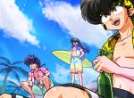  3boys :d beach beer_bottle black_hair black_male_swimwear blue_sky braid braided_ponytail brown_eyes closed_eyes cloud day eyewear_on_head glasses green_male_swimwear green_swim_trunks grin hand_in_pocket hands_on_own_thighs hawaiian_shirt headband hibiki_ryouga holding holding_glass_bottle holding_surfboard long_hair male_swimwear mousse_(ranma_1/2) multicolored_male_swimwear multiple_boys open_mouth outdoors palm_tree palm_tree_print pink_shirt ranma_1/2 saotome_ranma shirt short_hair signature sky smile squatting sunglasses surf surfboard tree wanta_(futoshi) yellow_headband yellow_shirt 