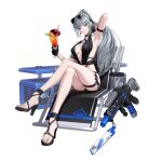  1girl arm_behind_head arm_strap arm_up armpits assault_rifle bare_shoulders bikini black_bikini black_choker black_dress black_footwear black_gloves black_panties black_survival breasts breasts_apart chair choker collarbone crossed_legs cup deck_chair dress earrings eternal_return:_black_survival eyewear_on_head feet food fruit full_body gloves green_eyes grey_hair gun half_gloves halterneck hand_up haze_(black_survival) high_heels highres holding holding_cup jewelry juice legs long_hair looking_at_viewer medium_breasts official_alternate_costume official_alternate_hairstyle official_art orange_(fruit) orange_juice panties ponytail rifle rocket_launcher sandals simple_background sitting solo strappy_heels sunglasses swimsuit thigh_strap thighs toenails toes transparent_background tube umbrella underwear very_long_hair weapon wet white_background 