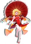  1girl alternate_costume artist_request blonde_hair blush china_dress chinese_clothes crystal dress fang flandre_scarlet gloves highres holding holding_umbrella looking_at_viewer multicolored_wings no_headwear non-web_source official_art one_side_up open_mouth puffy_short_sleeves puffy_sleeves red_eyes red_footwear red_gloves red_umbrella shadow short_sleeves side_ponytail smile solo thighhighs touhou touhou_hero_of_ice_fairy transparent_background umbrella white_thighhighs wings 