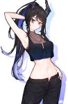  1girl armpits asymmetrical_horns black_hair black_pants black_shirt blue_hair blush breasts cleavage colored_inner_hair crop_top demon_horns denim highres hololive hololive_english horns long_hair looking_at_viewer ma_draws medium_breasts midriff mole mole_under_eye multicolored_hair navel nerissa_ravencroft open_fly pants ponytail red_eyes see-through see-through_cleavage shirt solo two-tone_hair uneven_horns virtual_youtuber 