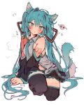  1girl ahoge animal_ears aqua_eyes aqua_hair aqua_necktie bare_shoulders black_skirt black_sleeves blush boots cat_ears cat_tail closed_mouth collared_shirt detached_sleeves emoji grey_shirt hair_ornament hatsune_miku heart highres kemonomimi_mode long_hair looking_at_viewer navel necktie number_tattoo otintin pleading_face_emoji pleated_skirt shirt simple_background sitting skirt sleeveless sleeveless_shirt solo steam sweat tail tattoo tearing_up thigh_boots twintails very_long_hair vocaloid white_background 
