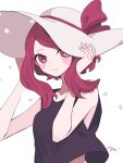  1girl blush_stickers bow crop_top hands_on_headwear hat hat_bow highres looking_at_viewer maco22 midriff_peek original petals red_eyes red_hair shirt short_hair_with_long_locks sleeveless sleeveless_shirt smile solo sun_hat 