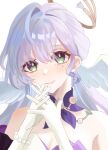  1girl bare_shoulders breasts cleavage commentary_request dress gloves green_eyes head_wings highres honkai:_star_rail honkai_(series) long_hair looking_at_viewer own_hands_together purple_hair robin_(honkai:_star_rail) simple_background smile solo strapless strapless_dress sura_(sra_975) upper_body white_background white_gloves wings 