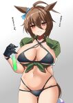  1girl agnes_tachyon_(lunatic_lab)_(umamusume) agnes_tachyon_(umamusume) ahoge animal_ears bikini black_bikini blush breasts brown_hair cleavage commentary_request cowboy_shot criss-cross_halter ear_ornament green_jacket grin hair_between_eyes halterneck highres holding holding_test_tube horse_ears horse_girl horse_tail jacket komb large_breasts navel official_alternate_costume official_alternate_hairstyle red_eyes short_ponytail shorts sitting sketch smile solo swimsuit tail test_tube thigh_strap tied_jacket umamusume 