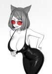  1girl animal_ears artist_name braid brassica breasts collarbone dress eyelashes facial_mark french_braid greyscale highres large_breasts monochrome original red-tinted_eyewear round_eyewear short_hair smile solo spot_color tinted_eyewear whisker_markings 