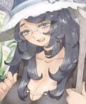 1girl black_choker black_eyes black_hair black_robe breasts choker cleavage glass hat highres holding holding_staff huge_breasts long_hair looking_at_viewer mature_female nishi_yoshiyuki open_mouth original rimless_eyewear robe round_eyewear smile solo staff teeth upper_body upper_teeth_only witch witch_hat 