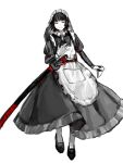  1girl apron black_hair full_body heart_skzo highres holding holding_knife katana knife limbus_company maid maid_apron maid_headdress project_moon red_eyes ryoshu_(project_moon) sheath sheathed short_hair solo sword weapon 