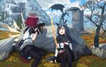  2girls aiming animal_ear_fluff animal_ears arknights arm_support bag black_capelet black_pantyhose black_skirt capelet cloud cloudy_sky detached_wings dragon exusiai_(arknights) feet_out_of_frame fingerless_gloves gloves grey_hair gun halo highres hood hoodie kriss_vector long_hair multiple_girls outdoors pantyhose red_hair rock round_teeth shoes short_hair sitting skirt sky sleeves_rolled_up sneakers submachine_gun tail teeth texas_(arknights) the_elder_scrolls the_elder_scrolls_v:_skyrim tower tree trigger_discipline weapon wings wolf_ears wolf_tail wuschelminityp yellow_eyes 