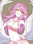  1girl angel angel_wings animal_ears bird_ears breasts commentary crop_top cross drooling feathered_wings hashtag-only_commentary highres jibril_(no_game_no_life) large_breasts long_hair looking_at_viewer low_wings midriff mouth_drool multicolored_eyes navel no_game_no_life open_mouth pink_hair purple_eyes smile solo stomach symbol-shaped_pupils tans0b3 tattoo very_long_hair white_wings wing_ears wings yellow_eyes 