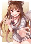  1girl animal_ear_fluff animal_ears brown_hair collarbone highres holo irohara jewelry long_hair long_sleeves looking_at_viewer necklace open_mouth puffy_long_sleeves puffy_sleeves red_eyes simple_background smile solo spice_and_wolf tail teeth wolf_ears wolf_girl wolf_tail 