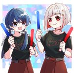  2girls :d black_shirt blue_background blue_eyes blue_hair blue_ribbon bob_cut border brown_skirt closed_mouth collarbone colored_inner_hair commentary_request dark_blue_hair diagonal_bangs dollchestra glowstick grey_hair hair_ornament hair_ribbon hands_up hasu_no_sora_school_uniform highres holding_glowstick inverted_bob kanduki_kamibukuro link!_like!_love_live! long_hair looking_at_another love_live! low_twintails mole mole_on_neck mosaic_background multicolored_background multicolored_hair multiple_girls murano_sayaka open_mouth outside_border penlight_(glowstick) pink_background pleated_skirt purple_background red_eyes red_hair ribbon school_uniform shirt short_hair short_sleeves skirt smile star_(symbol) star_hair_ornament streaked_hair t-shirt twintails virtual_youtuber white_border winter_uniform yugiri_tsuzuri 