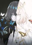  1boy arthropod_boy black_hair blue_cloak blue_eyes bug butterfly_wings cape cloak crown diamond_hairband dual_persona elaine-didaea fate/grand_order fate_(series) fur-trimmed_cape fur-trimmed_cloak fur_trim grey_hair highres insect_wings looking_at_viewer male_focus medium_hair moth no_wings oberon_(fate) oberon_(third_ascension)_(fate) official_alternate_hair_color shirt smile solo upper_body white_cloak white_shirt wing_cape wings 