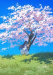  1girl absurdres arms_behind_back black_hair blue_eyes blue_sky cherry_blossoms dress falling_petals grass highres long_hair original petals potg_(piotegu) sky solo standing tree white_dress 