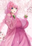  1girl absurdres alternate_eye_color alternate_hair_color blush breasts cherry_blossoms dress fingerless_gloves flower food gloves green_eyes green_gloves hair_flower hair_ornament highres holding holding_food huge_breasts kizuna_akari long_hair looking_at_viewer open_mouth pink_dress pink_flower pink_hair pink_theme sakura_mochi smile solo standing tenneko_yuuri very_long_hair voiceroid wagashi 