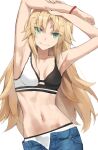  1girl armpits arms_up blonde_hair bra breasts denim fate/apocrypha fate_(series) green_eyes highres jeans long_hair looking_at_viewer mordred_(fate) mordred_(fate/apocrypha) navel pants parted_bangs sidelocks small_breasts smile solo tonee underwear 