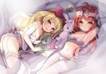  2girls :o anchor_symbol antenna_hair armpits azur_lane bare_shoulders bed blonde_hair blush bra breasts camisole commission crown detached_sleeves earrings eyebrows_visible_through_hair eyelashes fang garter_belt garter_straps hair_ornament hair_ribbon hand_on_own_head highres holding holding_stuffed_toy indoors jenkins_(azur_lane) jersey_(azur_lane) jewelry lingerie long_hair looking_at_viewer low_twintails lying madotsukumo mini_crown multiple_girls navel open_mouth panicking panties pantyhose pillow pink_ribbon red_eyes red_hair ribbon side-tie_panties skeb_commission small_breasts striped_camisole stuffed_animal stuffed_bunny stuffed_toy sunlight teddy_bear thighhighs thighs twintails underwear wavy_hair white_camisole white_legwear white_panties wrist_cuffs yellow_eyes 