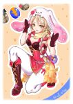  1girl :d absurdres animal_ears animal_hood blonde_hair braid breasts cleavage easter_egg egg fake_animal_ears fire_emblem fire_emblem_engage fire_emblem_heroes framme_(fire_emblem) framme_(spring)_(fire_emblem) full_body gloves highres hood long_hair on_one_knee open_mouth pantyhose rabbit_ears rabbit_hood rabbit_pose single_braid smile solo twitter_username white_pantyhose yellow_eyes zel_0921 