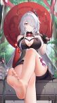  1girl absurdres acheron_(honkai:_star_rail) bare_legs barefoot black_bra black_choker black_shorts bra breasts choker cleavage feet flower highres honkai:_star_rail honkai_(series) leg_tattoo looking_at_viewer red_eyes red_flower shorts sitting tattoo umbrella underwear wei_(pixiv53355564) white_hair 