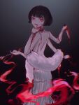  1girl backless_dress backless_outfit blood cultist_simulator disembodied_head dress extra_arms feather_boa highres hilda_dewitt jewelry knife mother_of_ants necklace pearl_necklace red_eyes short_hair sleeveless sleeveless_dress smoking_pipe solo white_dress 