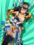  1girl ai_yori_akashi armor black_hair blue_dress blunt_bangs blush breasts broken_armor closed_eyes cosmic_break cosmic_break_2 crying defeat dress headgear highres large_breasts long_hair open_mouth panties polearm safina tears thighhighs torn_clothes torn_panties underwear weapon 