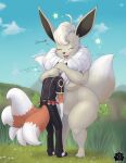  absurd_res alpha_pok&eacute;mon anthro big_breasts blackfox85 breasts canid canine clothed clothed/nude clothing dialogue duo eevee english_text eyes_closed featureless_breasts featureless_crotch female fluffy fluffy_tail fox fur hi_res huge_hips male mammal multi_tail neck_tuft nintendo nude orange_body orange_fur pok&eacute;mon pok&eacute;mon_(species) pokemon_legends_arceus shiny_eevee shiny_pok&eacute;mon short_stack size_difference smile tail_motion tailwag text thick_thighs tuft video_games white_body white_fur 